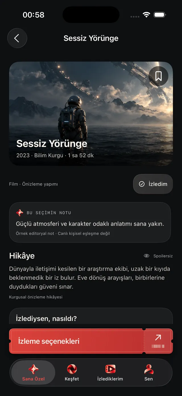 Yapım detay ekranı: Bu seçimin notu ve hikâye bölümü