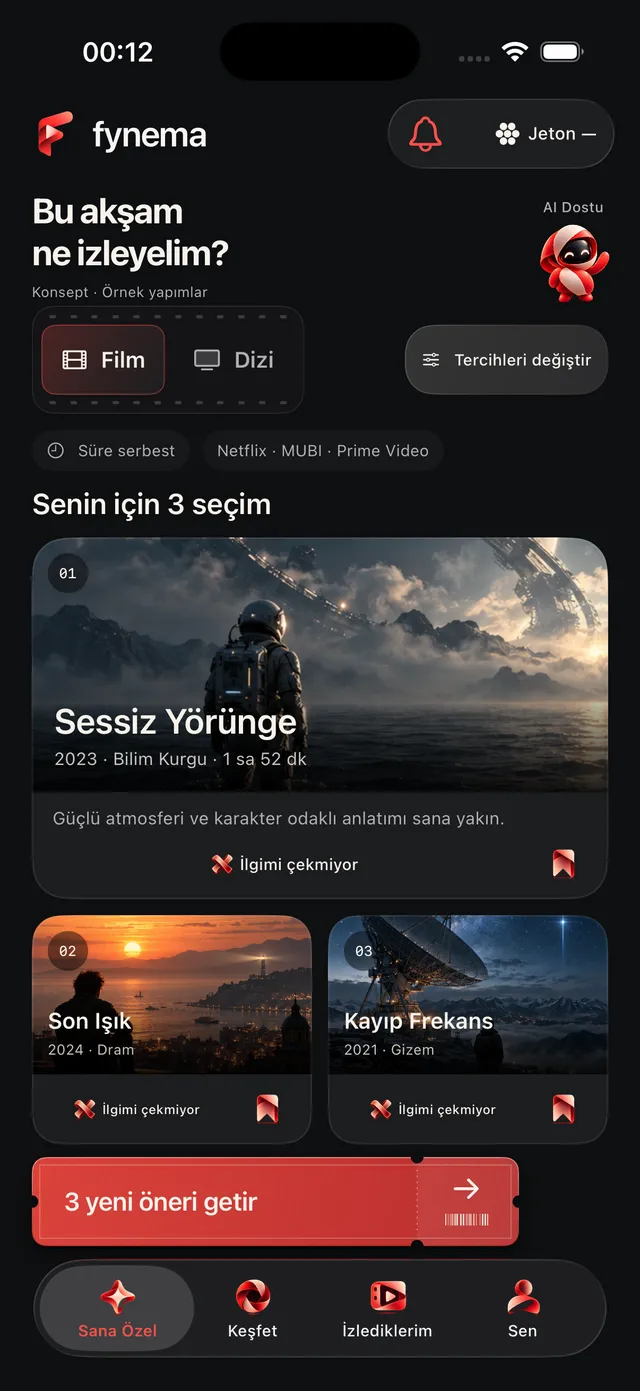 Fynema ana ekranı: Bu akşam ne izleyelim? başlığı altında film için üç seçim