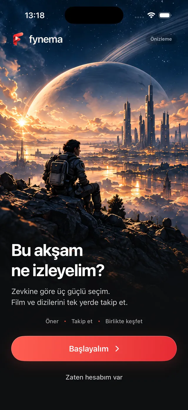 Fynema karşılama ekranı: gezegen ve şehir manzarasına bakan kaşif